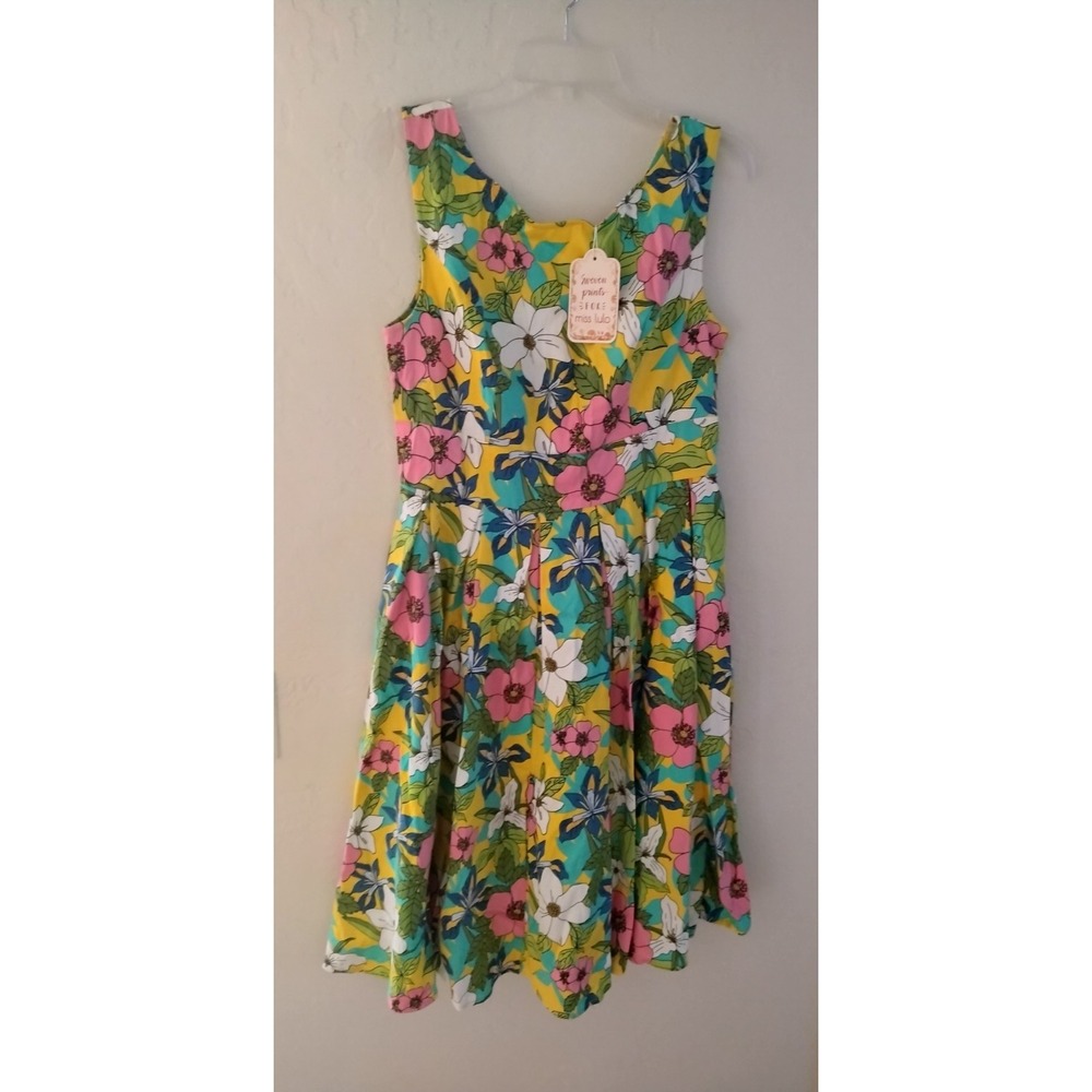 Miss Lulo HEIDI Yellow floral Print Swing Dress Size XL Pinup Tea Fit Flare NWT